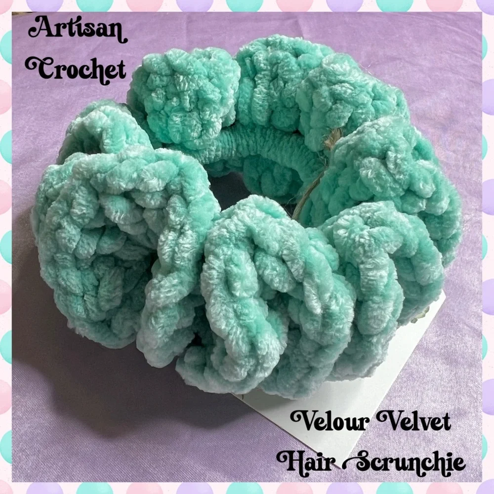 Handmade VELVET Pastel Aqua Green Crochet Scrunchie Chunky Oversized Hair Tie